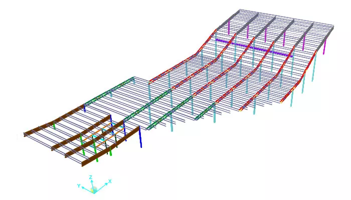 Modelo 3D de cálculo estructural de una nave industrial con pórticos metálicos y cubiertas inclinadas, generado mediante software de análisis estructural.