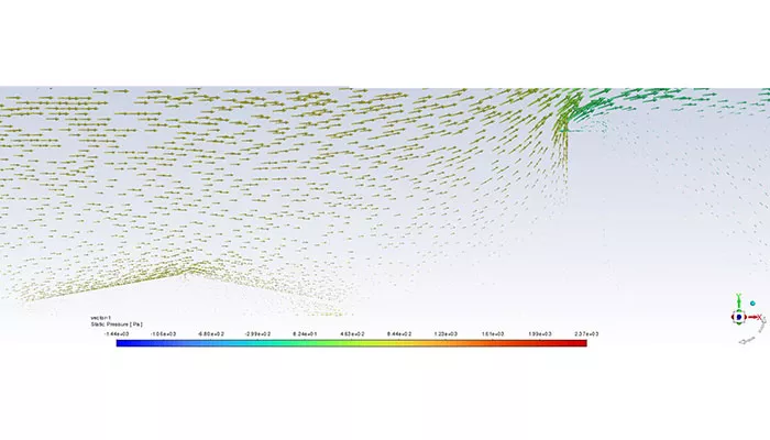 Visualización de campo de presiones en el quinto panel solar del sistema Potermic, obtenido mediante simulación de dinámica de fluidos computacional.