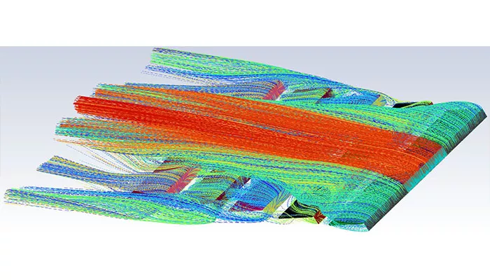 Visualización superior de líneas de corriente en simulación CFD del sistema fotovoltaico CSwind E-O con viento norte e inclinación de 10 grados, mostrando la dirección del flujo y zonas de turbulencia sobre los paneles solares.