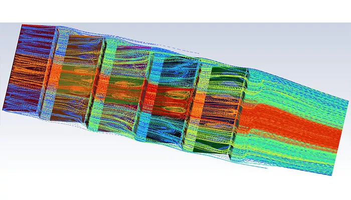 Vista inferior de líneas de corriente en simulación CFD del sistema fotovoltaico CSwind E-O con viento sur e inclinación de 10 grados, mostrando recirculaciones y turbulencias bajo los paneles solares.