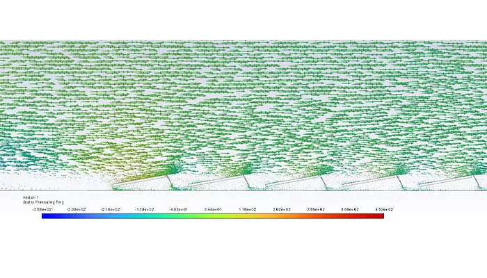 Simulación CFD del sistema fotovoltaico CSwind E-O con viento sur e inclinación de 10 grados, evaluando la influencia de los petos laterales sobre el flujo de aire y la distribución de presiones en los paneles solares.