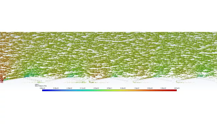 Simulación CFD del sistema fotovoltaico CSwind E-O con barrera inferior, mostrando el efecto del flujo de viento y las zonas de presión sobre la estructura de paneles solares.