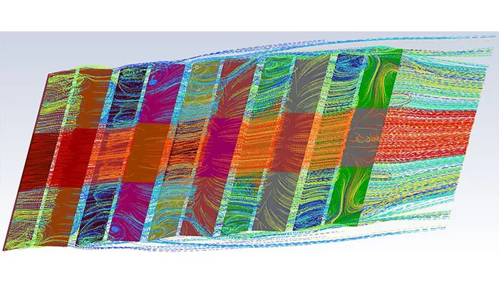 Vista inferior del análisis CFD del sistema fotovoltaico CSwind E-O, con representación de líneas de corriente y variaciones de presión bajo los paneles solares.