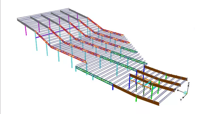 Vista isométrica de la estructura metálica de una nave industrial, mostrando vigas, pilares y uniones calculadas por elementos finitos.