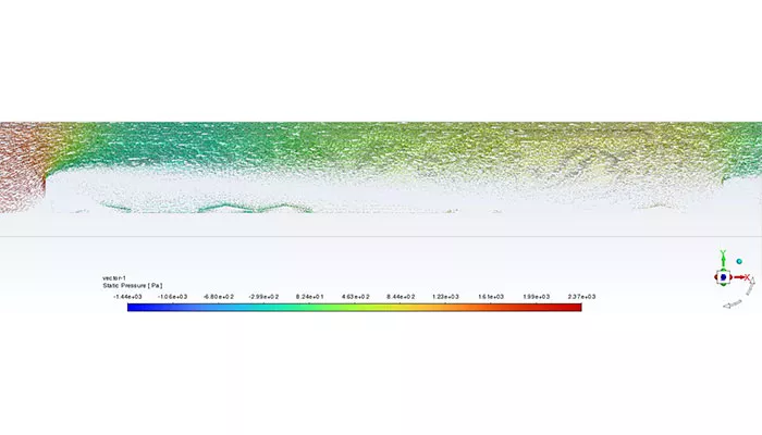 Simulación CFD del flujo de viento lateral izquierdo sobre campo fotovoltaico Potermic, mostrando distribución de presiones aerodinámicas.
