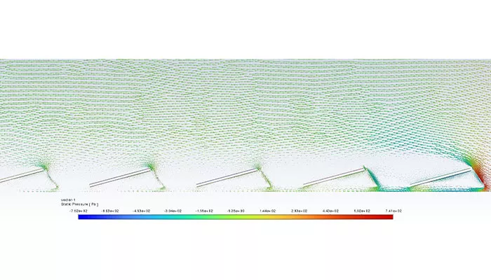 Simulación CFD del flujo de viento norte con inclinación de 15 grados sobre el sistema fotovoltaico CSwind E-O, mostrando la distribución de presiones y comportamiento aerodinámico de los paneles solares.