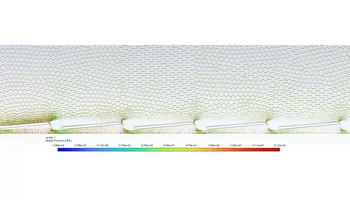 Simulación CFD del flujo de viento sur con inclinación de 5 grados sobre el sistema fotovoltaico CSwind E-O, representando la distribución de presiones y el comportamiento del flujo alrededor de los paneles solares.