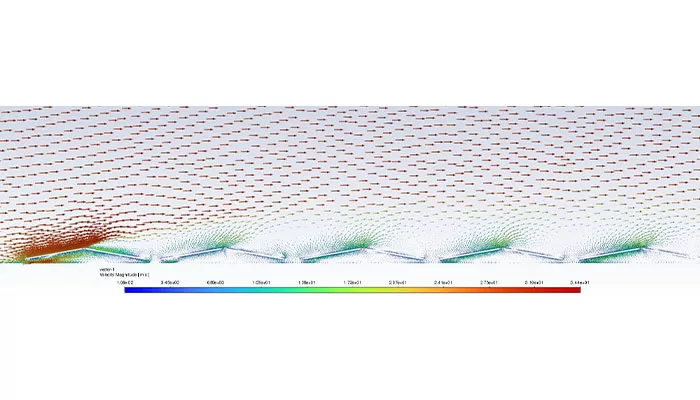 Simulación CFD del flujo de viento sobre el sistema fotovoltaico del proyecto Mango Llica, mostrando la distribución de velocidades y presiones alrededor de los paneles solares.