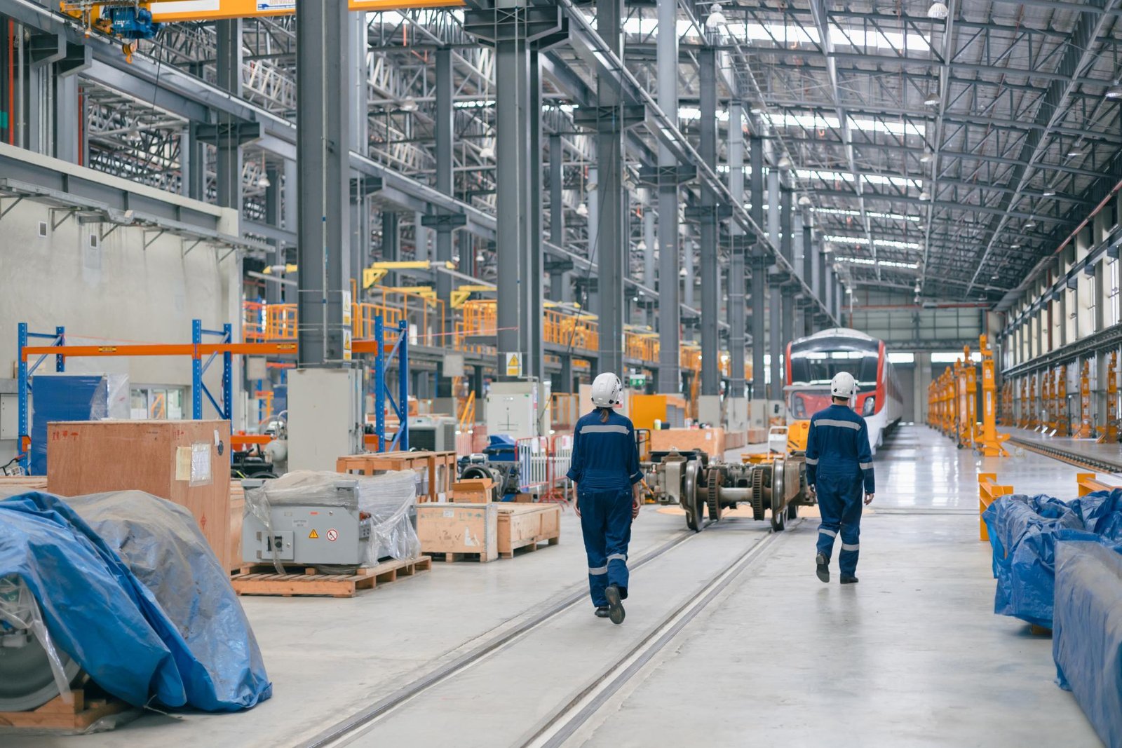 Ingenieros inspeccionando la estructura metálica interior de una nave industrial.