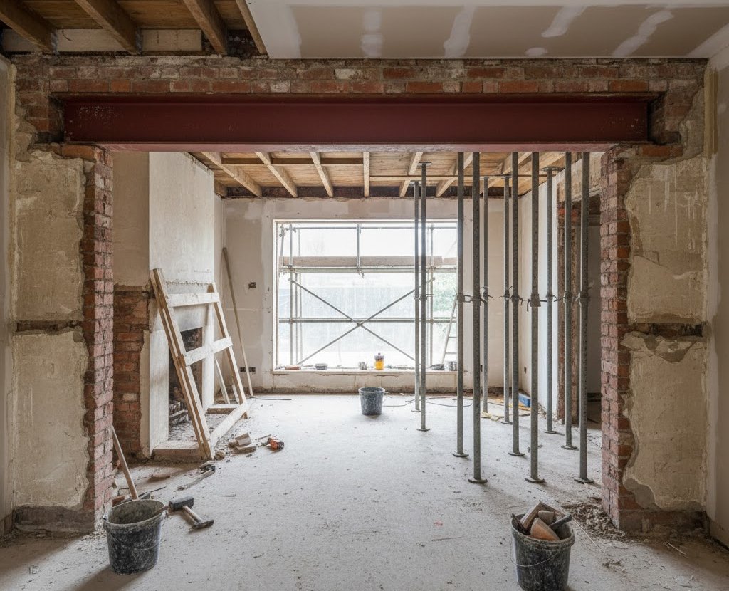 Refuerzo estructural con viga metálica en la reforma de una vivienda.